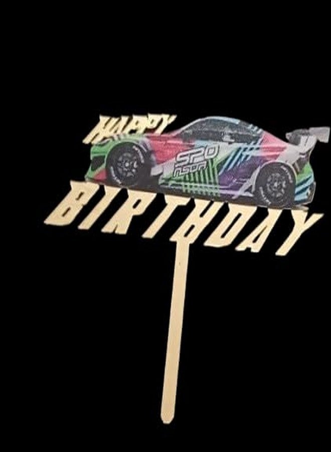 Racing Car Happy Birthday Cake Topper, Party Decoration, Black and Rainbow Design
